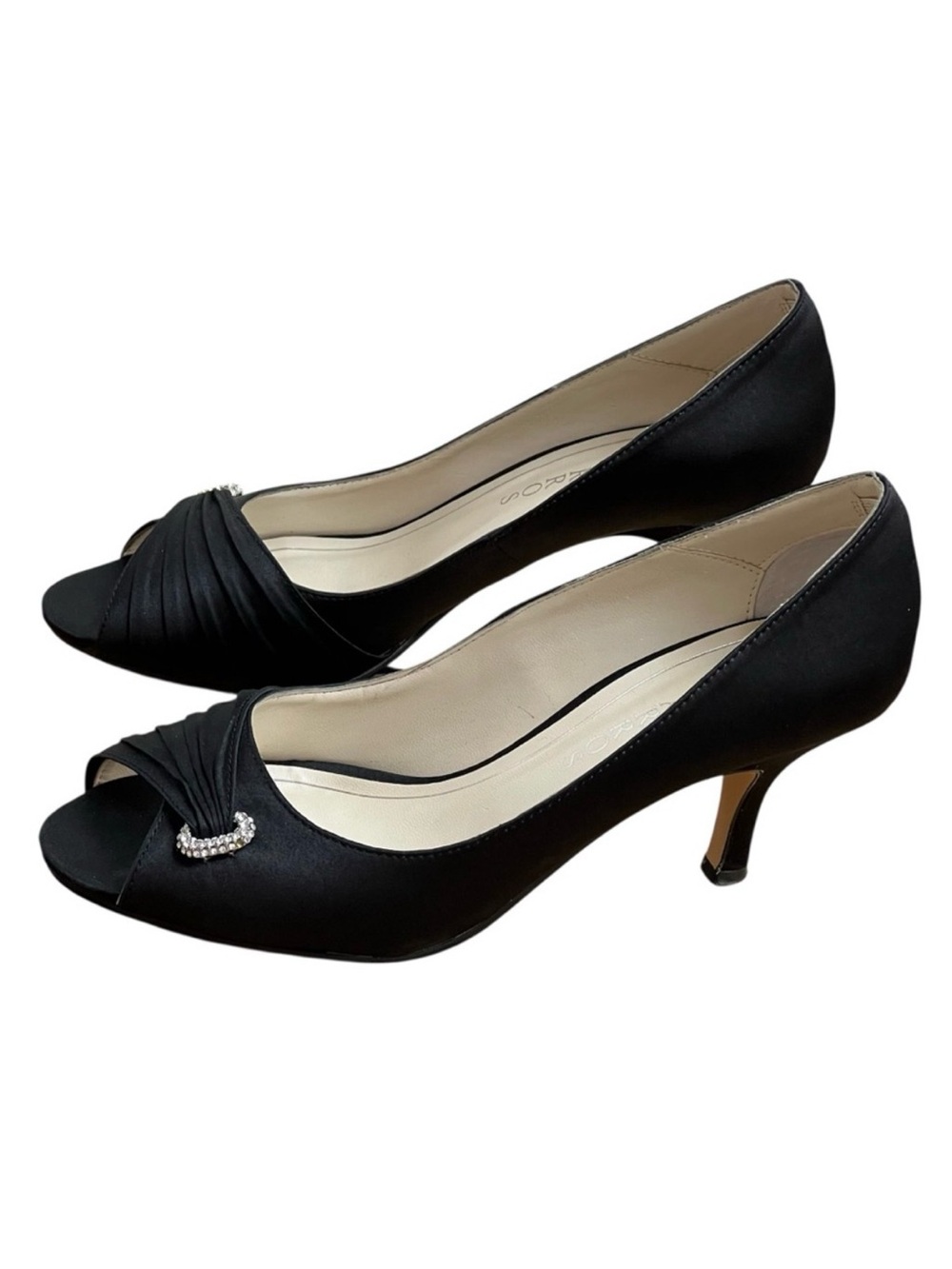 Caparros Black Satin Rhinestone Embellished Peep Toe Pumps Dressy Heels 9B